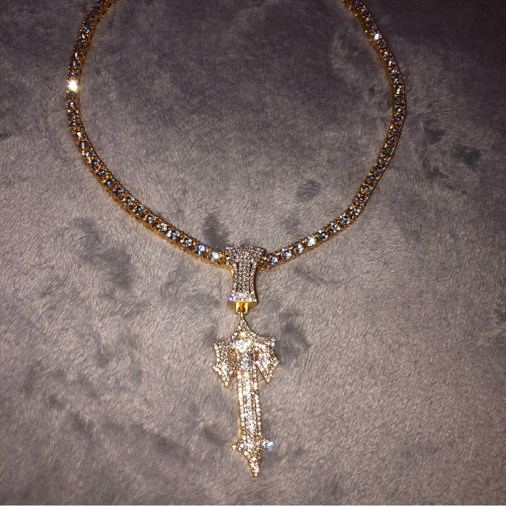 Unisex HipHop LetterT Cross Sword Necklace Rhombus Cuban Pendant Jewelry Diamond